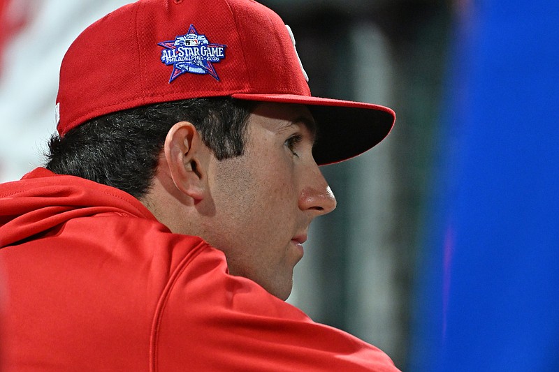 Mar 30, 2026; Philadelphia, Pennsylvania, USA; Philadelphia Phillies pitcher Andrew Painter (76) in the dugout against the Washington Nationals during the third inning at Citizens Bank Park. Mandatory Credit: Eric Hartline-Imagn Images