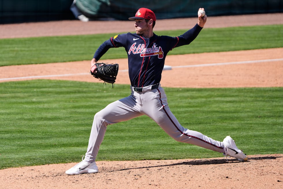 Atlanta Braves pitcher Joey Wentz throws against the Detroit Tigers in the fourth inning of a...