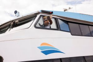 Mariner Moose waiving from the wheelhouse of the Water Taxi