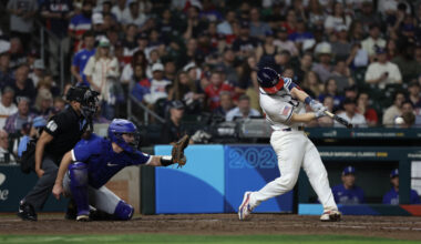 United States catcher Will Smith (16) hits a double against Italy in the fifth inning at Daikin Park.