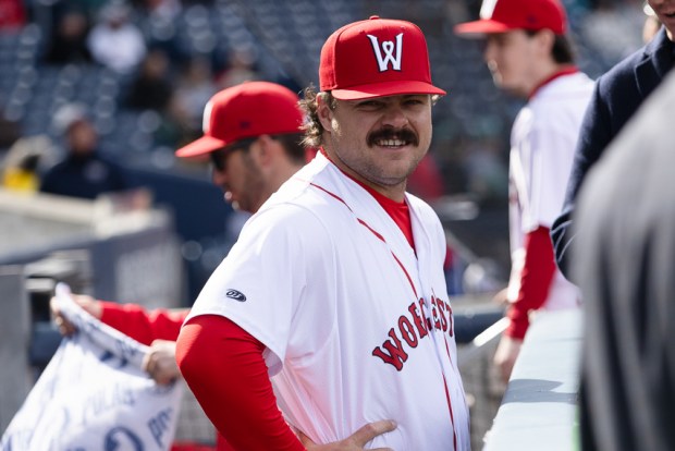 Payton Tolle seen in the dugout before the Worcester Red Sox Opening Day game at Polar Park. (Libby O'Neill/Boston Herald)