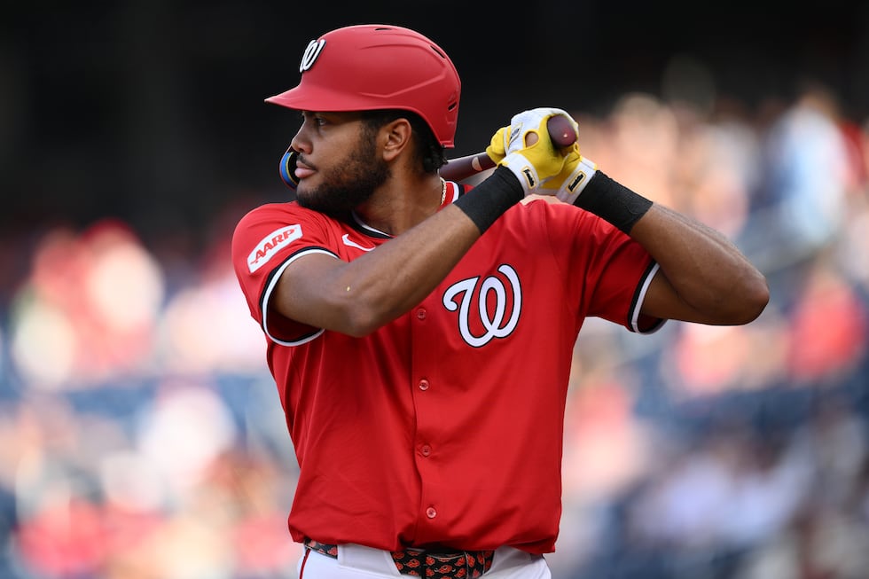 Washington Nationals' James Wood in action during a baseball game against the Chicago White...