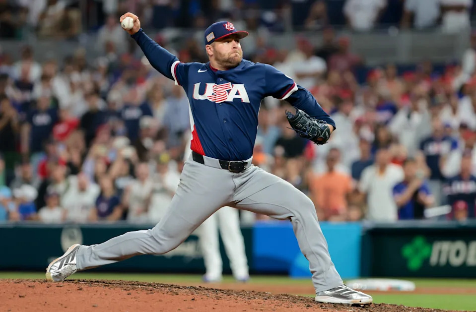Mar 15, 2026; Miami, FL, United States; United States pitcher David Bednar (53) delivers a pitch in the seventh inning against the Dominican Republic during a semifinal game of the 2026 World Baseball Classic at loanDepot Park. Mandatory Credit: Sam Navarro-Imagn Images