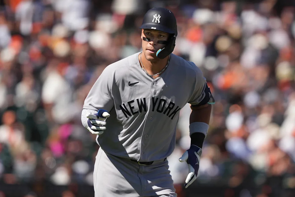 Mar 27, 2026; San Francisco, California, USA; New York Yankees right fielder Aaron Judge (99) gestures while rounding the bases after hitting a home run against the San Francisco Giants during the sixth inning at Oracle Park. Mandatory Credit: Darren Yamashita-Imagn Images