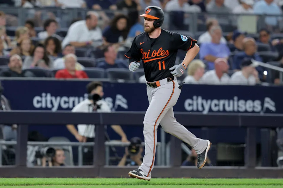 Sep 26, 2025; Bronx, New York, USA. Baltimore Orioles third baseman Jordan Westburg (11) rounds the bases after hitting a three run home run against the New York Yankees during the third inning at Yankee Stadium. Mandatory Credit: Brad Penner-Imagn Images