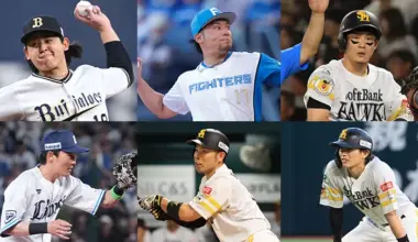 Top row: From left, pitcher Hiroya Miyagi, pitcher Hiromi Ito, player Taisei Makihara / Bottom row: From left, players Sosuke Genda Kensuke Kondo, Ukyo Shuto *Photos are from the 2025 season [Provided by the team]