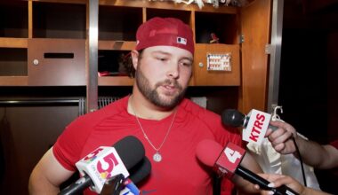St. Louis Cardinals first baseman Alec Burleson talks with media after Opening Day win over Rays
