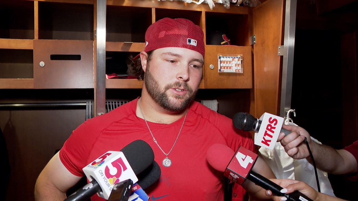 St. Louis Cardinals first baseman Alec Burleson talks with media after Opening Day win over Rays