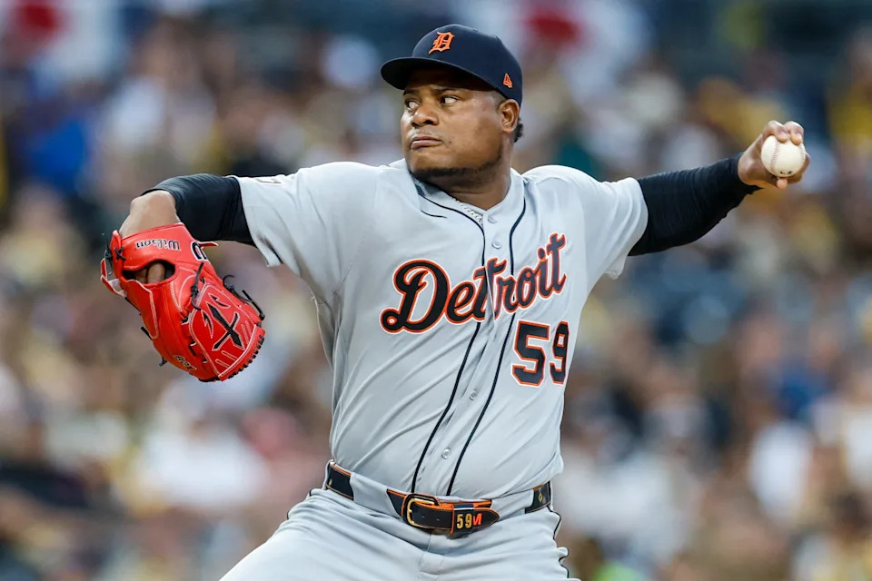 Mar 27, 2026; San Diego, California, USA; Detroit Tigers starting pitcher Framber Valdez (59) throws a pitch during the first inning against the San Diego Padres at Petco Park. Mandatory Credit: David Frerker-Imagn Images