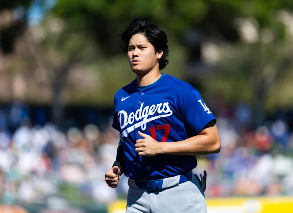 Feb 21, 2026; Tempe, Arizona, USA; Los Angeles Dodgers designated hitter Shohei Ohtani against the Los Angeles Angels during a spring training game at Tempe Diablo Stadium. Mandatory Credit: Mark J. Rebilas-Imagn Images