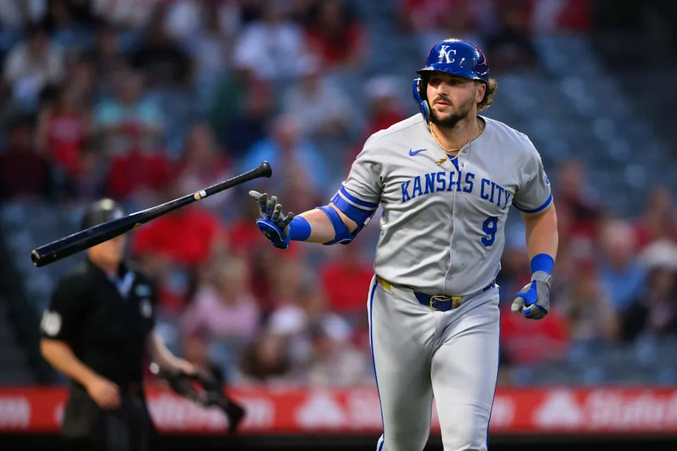 Sep 25, 2025; Anaheim, California, USA; Kansas City Royals designated hitter Vinnie Pasquantino (9) tosses his bat after hitting a home run during the first inning against the Los Angeles Angels at Angel Stadium. Mandatory Credit: William Liang-Imagn Images