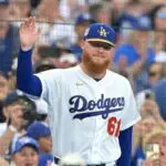 Mar 27, 2026; Los Angeles, California, USA; Los Angeles Dodgers pitcher Will Klein (61) waves during the World Series ring ceremony before the game against the Arizona Diamondbacks at Dodger Stadium. Mandatory Credit: Jayne Kamin-Oncea-Imagn Images