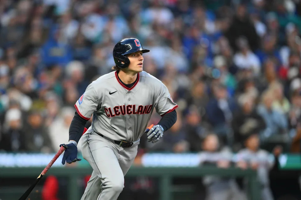 Mar 26, 2026; Seattle, Washington, USA; Cleveland Guardians right fielder Chase DeLauter (24) runs the bases after hitting a home run against the Seattle Mariners during the first inning at T-Mobile Park. Mandatory Credit: Steven Bisig-Imagn Images