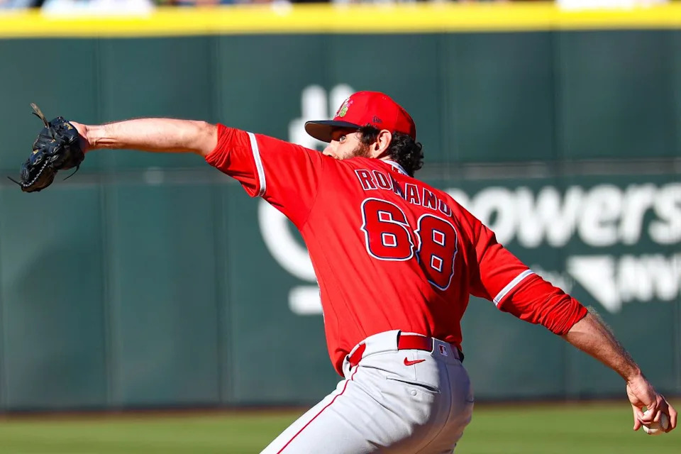 Los Angeles Angels RHP Jordan Romano (68) pitches in relief during an MLB Spring Training game against the Athletics on Saturday March 7, 2026, in Las Vegas, Nevada. 