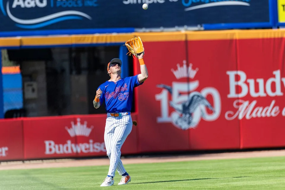 A.J. Ewing catches a fly ball from St. Louis Cardinals’ Chase Davis in the fifth inning during Spring Training at Clover Field, Wednesday, Feb. 25, 2026. Corey Sipkin for the NY POST