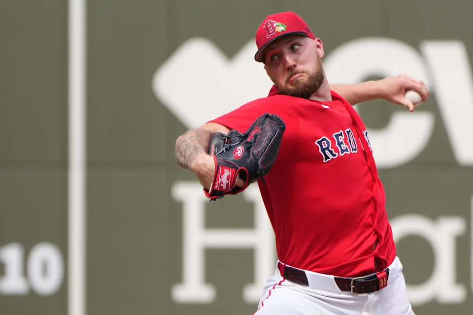 Feb 26, 2026; Fort Myers, Florida, USA; Boston Red Sox pitcher Garrett Crochet (35) throws a pitch in the first inning against the Tampa Bay Rays at JetBlue Park at Fenway South. (Jim Rassol/Imagn Images)