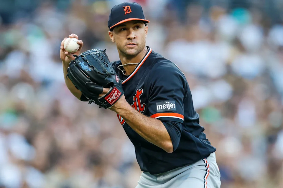 Detroit Tigers starting pitcher Jack Flaherty (9) throws to first base during the second inning against the San Diego Padres at Petco Park in San Diego on Saturday, March 28, 2026.