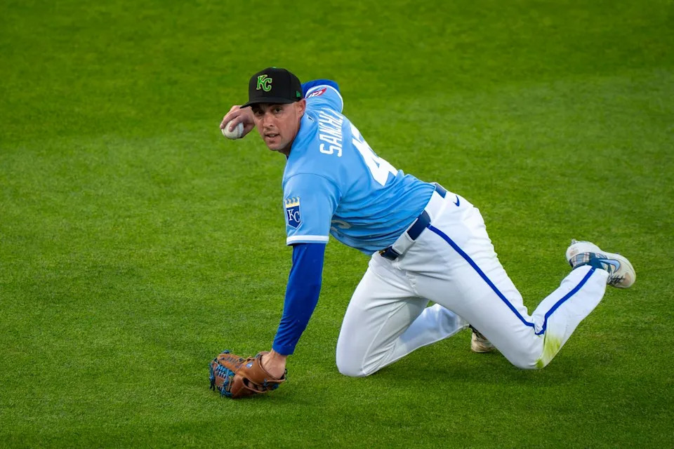 Kansas City Royals pitcher Aaron Sanchez (45) playing shortstop during an MLB spring training baseball game against the Los Angeles Dodgers on March 17th, 2026 in Surprise, AZ.
