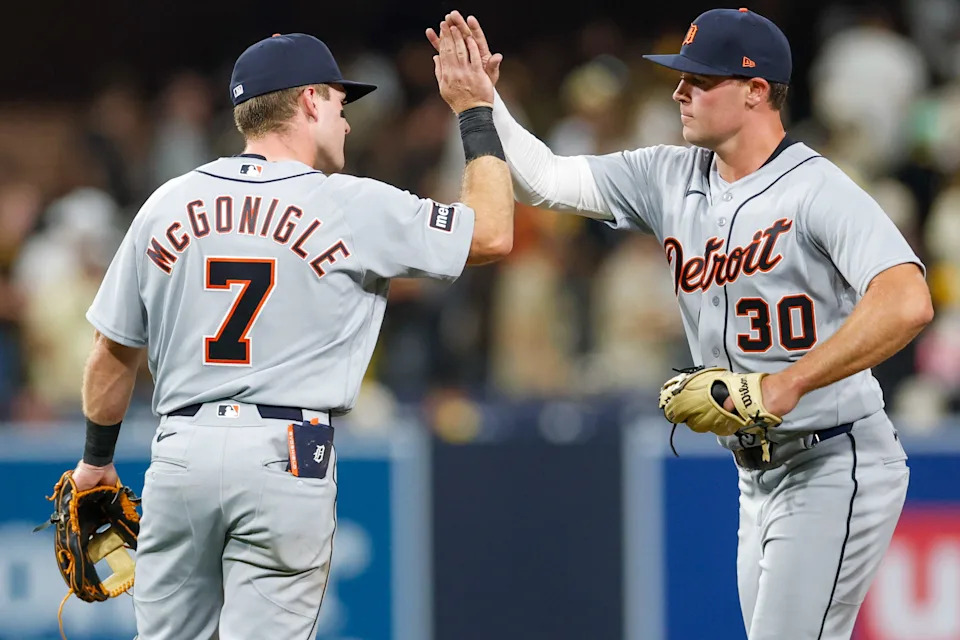 Mar 27, 2026; San Diego, California, USA; Detroit Tigers shortstop Kevin McGonigle (7) celebrates with right fielder Kerry Carpenter (30) after defeating the San Diego Padres at Petco Park. Mandatory Credit: David Frerker-Imagn Images
