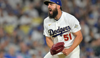 Mar 27, 2026; Los Angeles, California, USA; Los Angeles Dodgers pitcher Alex Vesia (51) reacts after the final out of the seventh inning against the Arizona Diamondbacks at Dodger Stadium. Mandatory Credit: Jayne Kamin-Oncea-Imagn Images