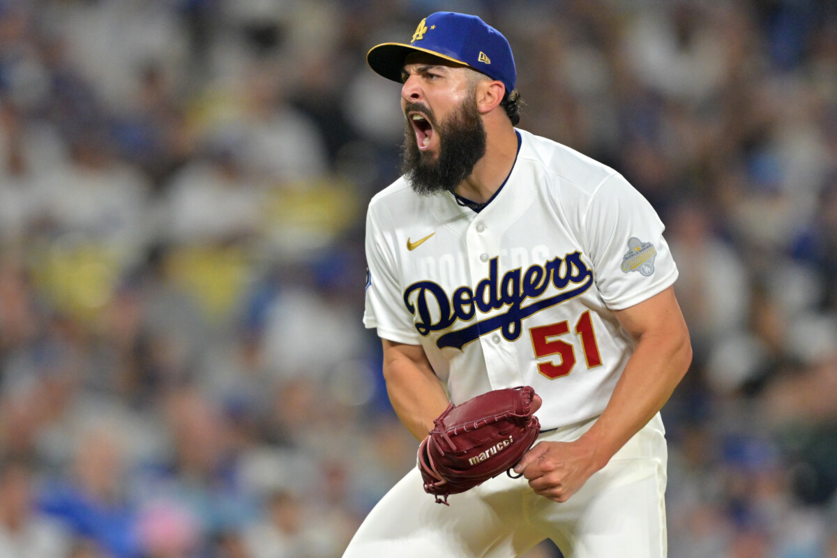 Mar 27, 2026; Los Angeles, California, USA; Los Angeles Dodgers pitcher Alex Vesia (51) reacts after the final out of the seventh inning against the Arizona Diamondbacks at Dodger Stadium. Mandatory Credit: Jayne Kamin-Oncea-Imagn Images