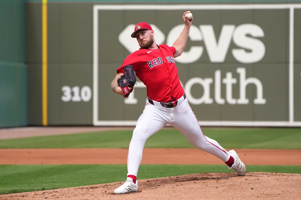 Feb 26, 2026; Fort Myers, Florida, USA; Boston Red Sox pitcher Garrett Crochet (35) throws a pitch in the first inning against the Tampa Bay Rays at JetBlue Park at Fenway South. (Jim Rassol/Imagn Images)