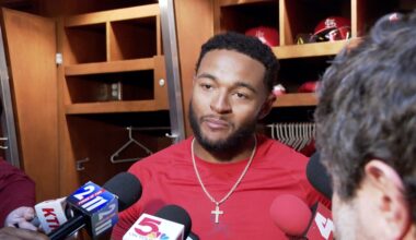 St. Louis Cardinals center fielder Victor Scott II talks with media after Opening Day win over Rays