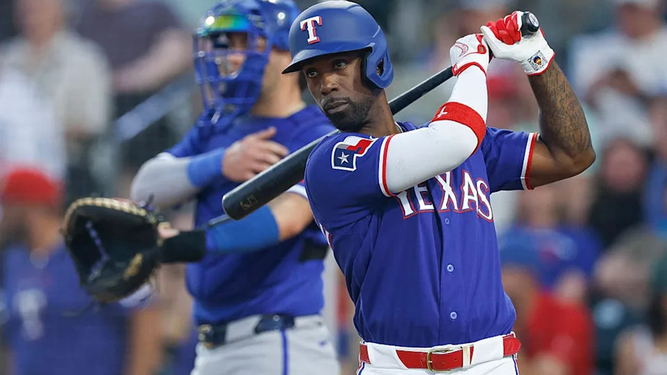<div>SURPRISE, ARIZONA - MARCH 18: Andrew McCutchen #4 of the Texas Rangers takes a practice swing during a Spring Training game against the Kansas City Royals at Surprise Stadium on March 18, 2026 in Surprise, Arizona. (Photo by Brandon Sloter/Getty Images)</div>