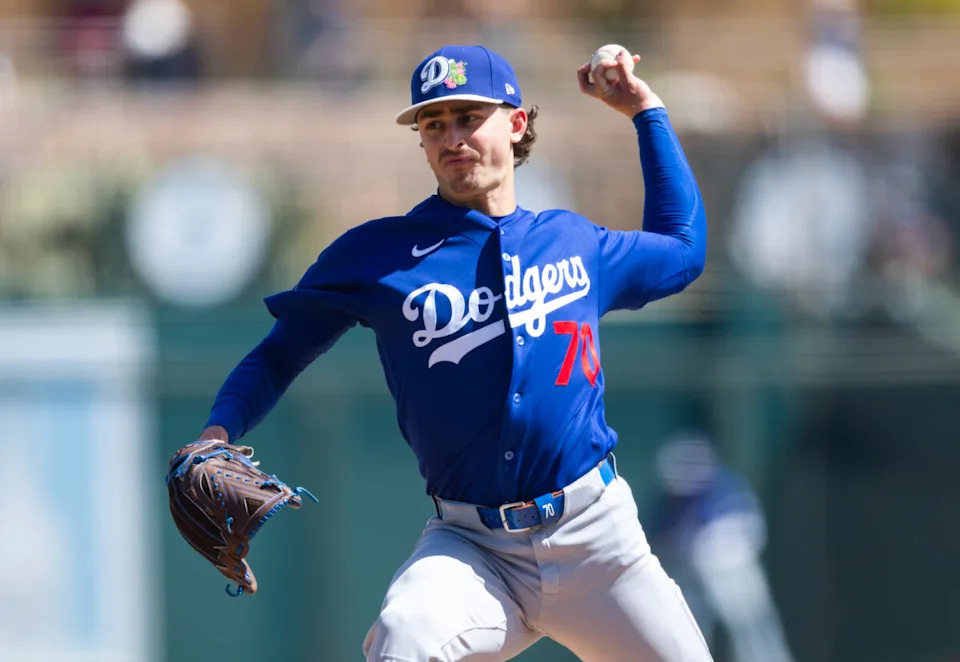 Mar 14, 2026; Phoenix, Arizona, USA; Los Angeles Dodgers pitcher Justin Wrobleski against the Chicago White Sox during a spring training game at Camelback Ranch-Glendale. Mandatory Credit: Mark J. Rebilas-Imagn Images