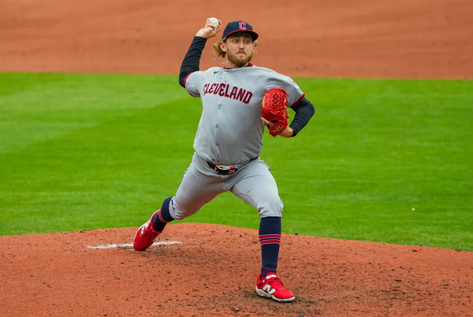 Mar 30, 2025; Kansas City, Missouri, USA; Cleveland Guardians starting pitcher Tanner Bibee (28) pitches during the third inning against the Kansas City Royals at Kauffman Stadium. Mandatory Credit: Jay Biggerstaff-Imagn Images