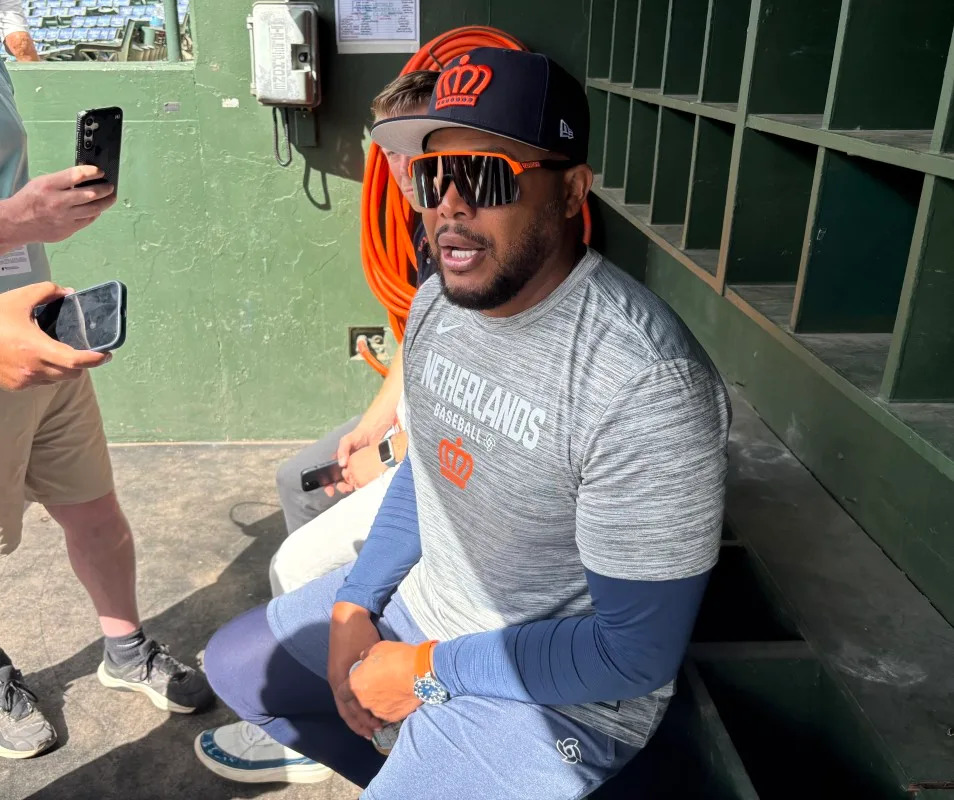 Netherlands manager Andruw Jones speaks to reporters before his team's exhibition game against the Baltimore Orioles in Sarasota, Florida, on March 3, 2026.Thomas Neumann / Athlon Sports