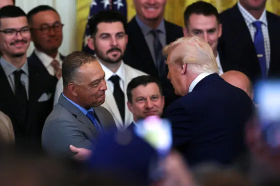 President Donald Trump speaks with Los Angeles Dodgers manager Dave Roberts during a ceremony honoring the members of the 2024 World Series Champion Los Angeles Dodgers in the East Room at the White House.
