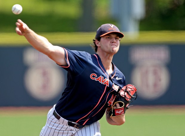 Mike Vasil of the University of Virginia pitches during a game at Boston College on May 21, 2021 in Brighton. (Staff Photo By Matt Stone/MediaNews Group/Boston Herald)
