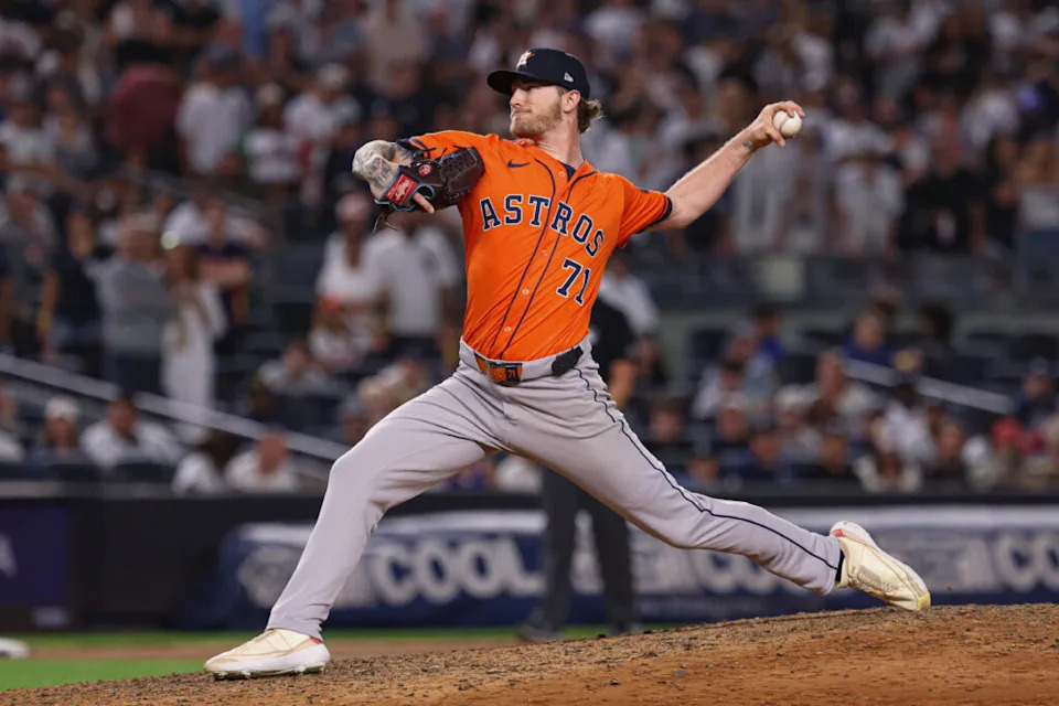 Aug 8, 2025; Bronx, New York, USA; Houston Astros relief pitcher Josh Hader (71) delivers a pitch during the ninth inning against the New York Yankees at Yankee Stadium. Mandatory Credit: Vincent Carchietta-Imagn Images