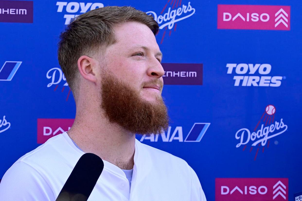 Dodgers pitcher Will Klein speaks during DodgerFest at Dodger Stadium on Jan. 31.