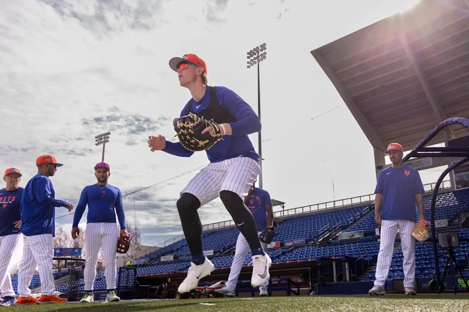 Brett Baty works on drills before a game against the Washington Nationals during Spring Training Clover Field, Saturday, Feb. 28, 2026, in Port St. Lucie, FL. Corey Sipkin for the NY POST