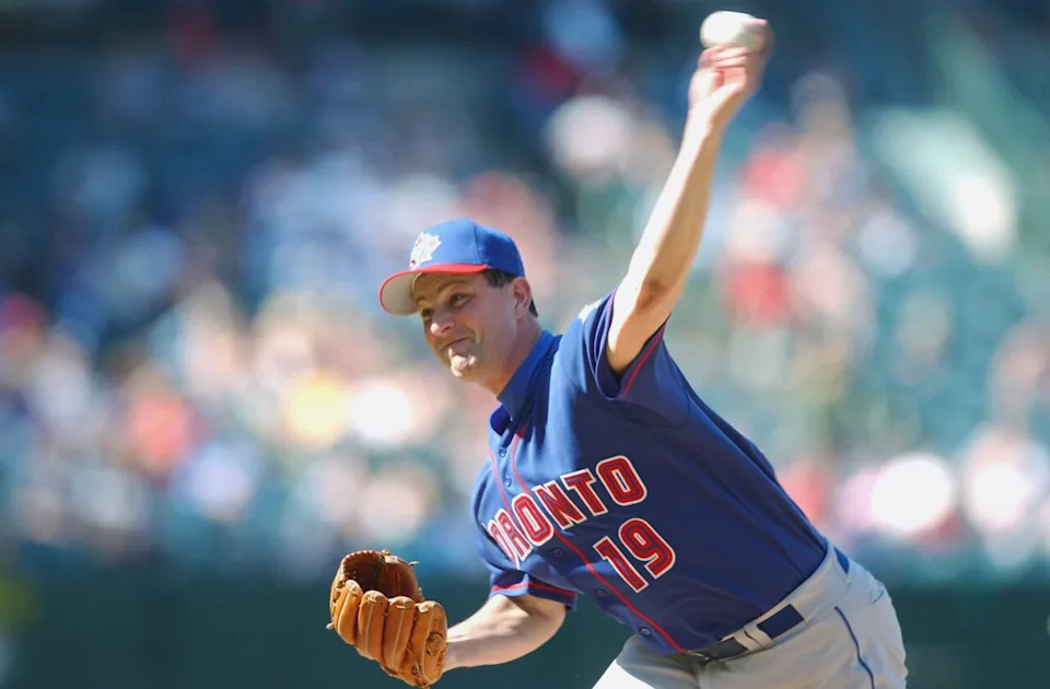 ANAHEIM-APRIL 28 : Dan Plesac #19 of the Toronto Blue Jays throws a pitch against the Anaheim Angels during the game at Edison Field in Anaheim, California on April 28, 2002. The Angels won 8-5. ( Photo by Harry How/Getty Images )