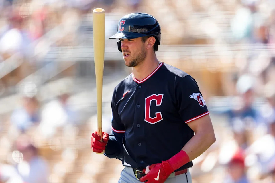 Feb 24, 2026; Phoenix, Arizona, USA; Cleveland Guardians outfielder Nolan Jones against the Los Angeles Dodgers during a spring training game at Camelback Ranch-Glendale. Mandatory Credit: Mark J. Rebilas-Imagn Images