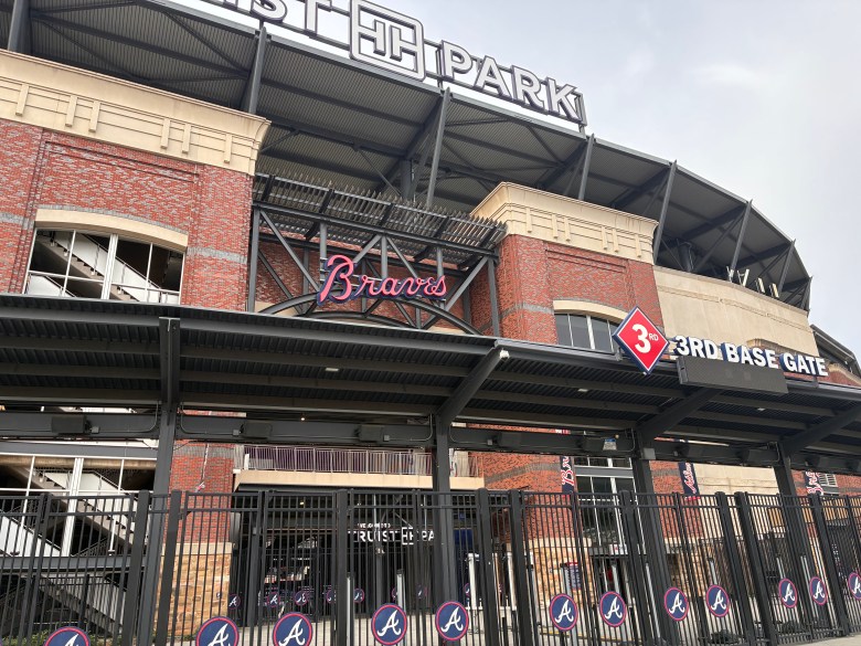 Truist Park 3rd Base Gate exterior with Atlanta Braves signage, home of the MLB's Atlanta Braves in Cumberland, Georgia.