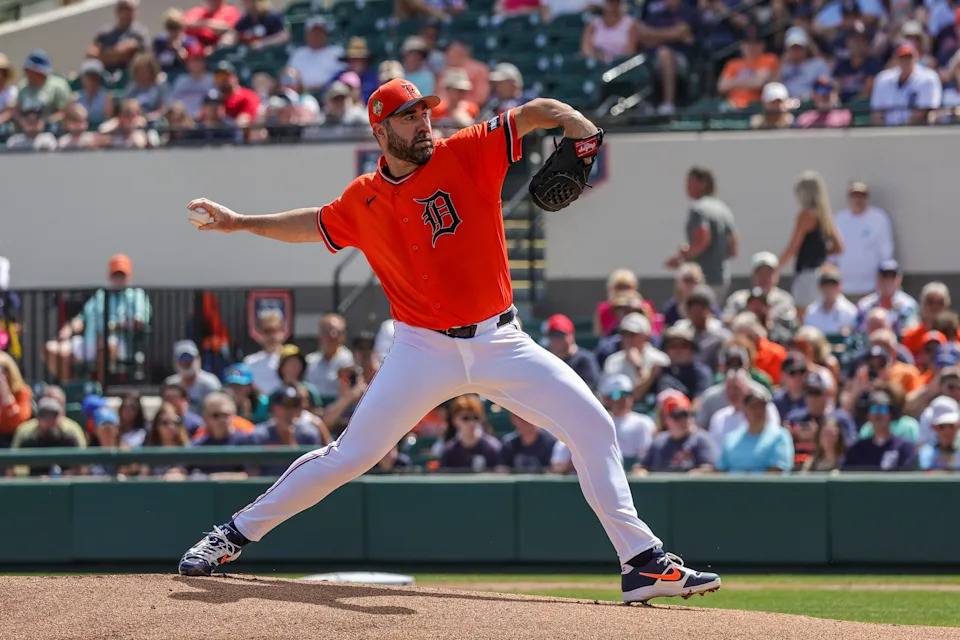 Detroit Tigers pitcher Justin Verlander (35) throws during the first inning against the New York Yankees at Publix Field at Joker Marchant Stadium in Lakeland, Florida, on Thursday, March 12, 2026.