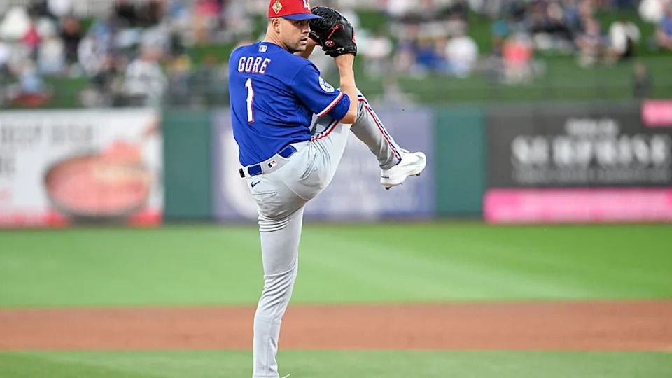 <div>SURPRISE, ARIZONA - MARCH 05, 2026: MacKenzie Gore #1 of the Texas Rangers throws a pitch during the first inning of a spring training game against the Kansas City Royals at Surprise Stadium on March 05, 2026 in Surprise, Arizona. (Photo by David Durochik/Diamond Images via Getty Images)</div>
