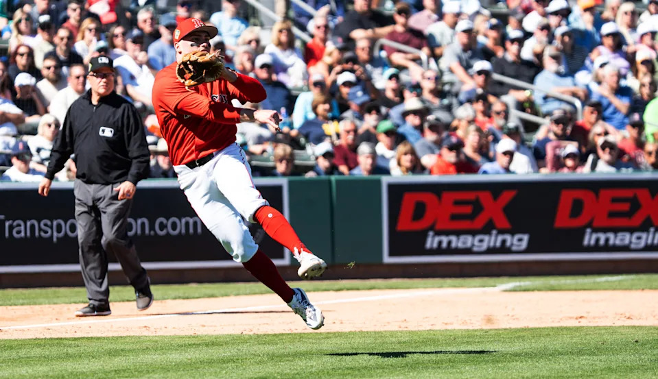 Caleb Durbin of the Boston Red Sox throws an out during spring training game against the Pittsburgh Pirates at JetBlue Park in Fort Myers on Tuesday, Feb. 24, 2026. I