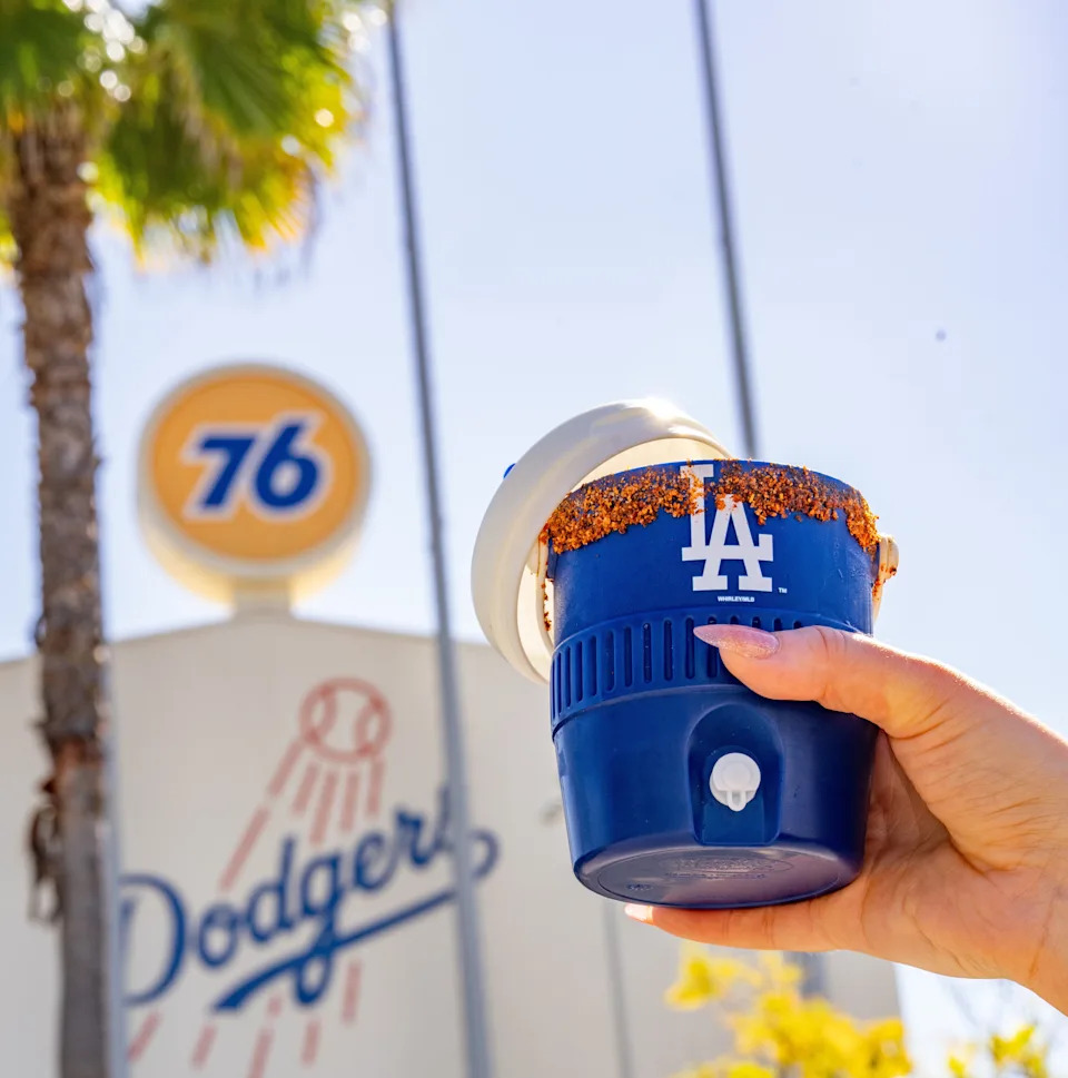 For the 2026 season, the Dodgers are selling watermelon-habanero margaritas, which are shaken with tequila and fresh lime juice, and the cup comes with Tajin dusted on the rim. It's served in a souvenir water cooler cup.