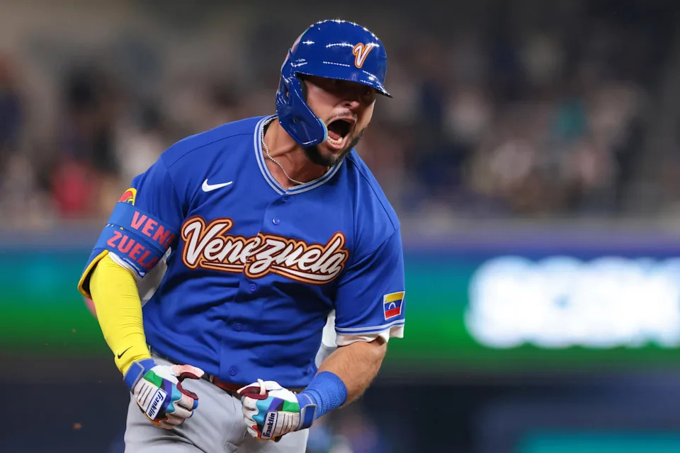 Mar 14, 2026; Miami, FL, United States; Venezuela left fielder Wilyer Abreu (16) reacts while rounding the bases after hitting a three-run home run against Japan in the sixth inning during a quarterfinal game of the 2026 World Baseball Classic at loanDepot Park. (Sam Navarro/Imagn Images)