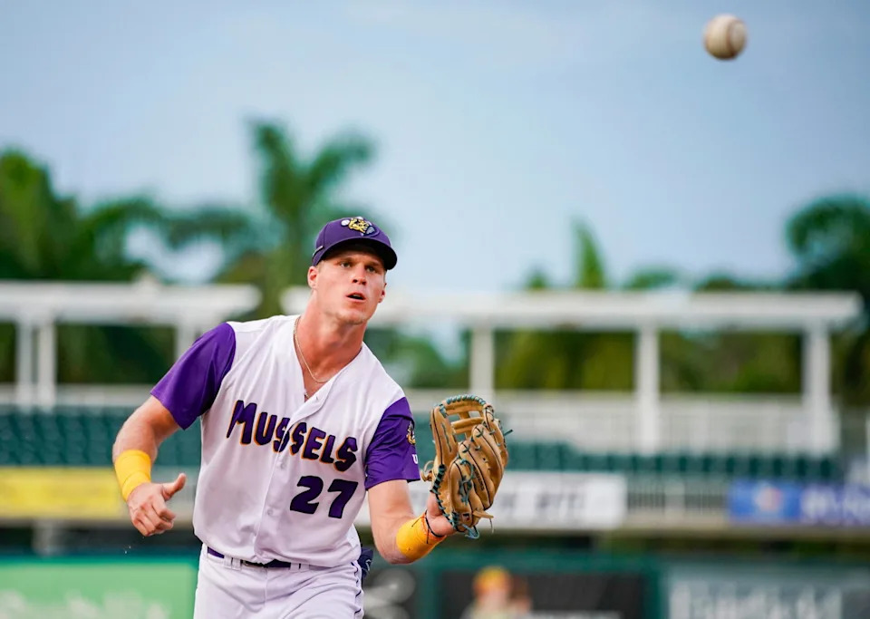 Former Fort Myers Mighty Mussels outfielder Walker Jenkins (27). © Jonah Hinebaugh/Naples Daily News/USA Today Network-Florida / USA TODAY NETWORK