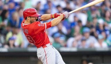 Mar 17, 2026; Mesa, Arizona, USA; Los Angeles Angels outfielder Chris Taylor against the Chicago Cubs during a spring training game at Sloan Park. Mandatory Credit: Mark J. Rebilas-Imagn Images