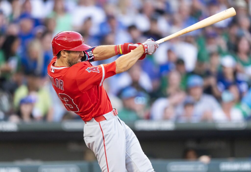 Mar 17, 2026; Mesa, Arizona, USA; Los Angeles Angels outfielder Chris Taylor against the Chicago Cubs during a spring training game at Sloan Park. Mandatory Credit: Mark J. Rebilas-Imagn Images