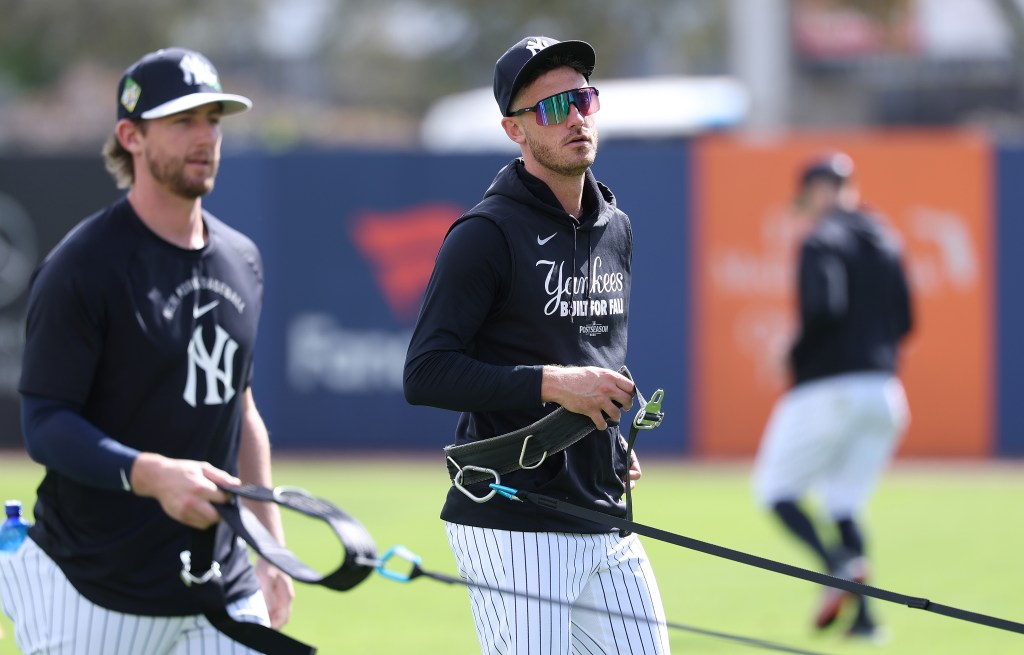 Cody Bellinger #35 of the New York Yankees warms up during team workouts.