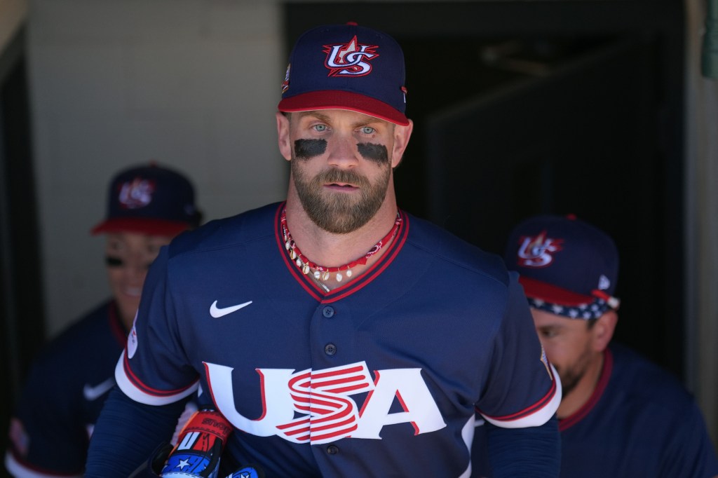United States' Bryce Harper walks to the team dugout prior to an exhibition baseball game against the San Francisco Giants Tuesday, March 3, 2026, in Scottsdale, Ariz.