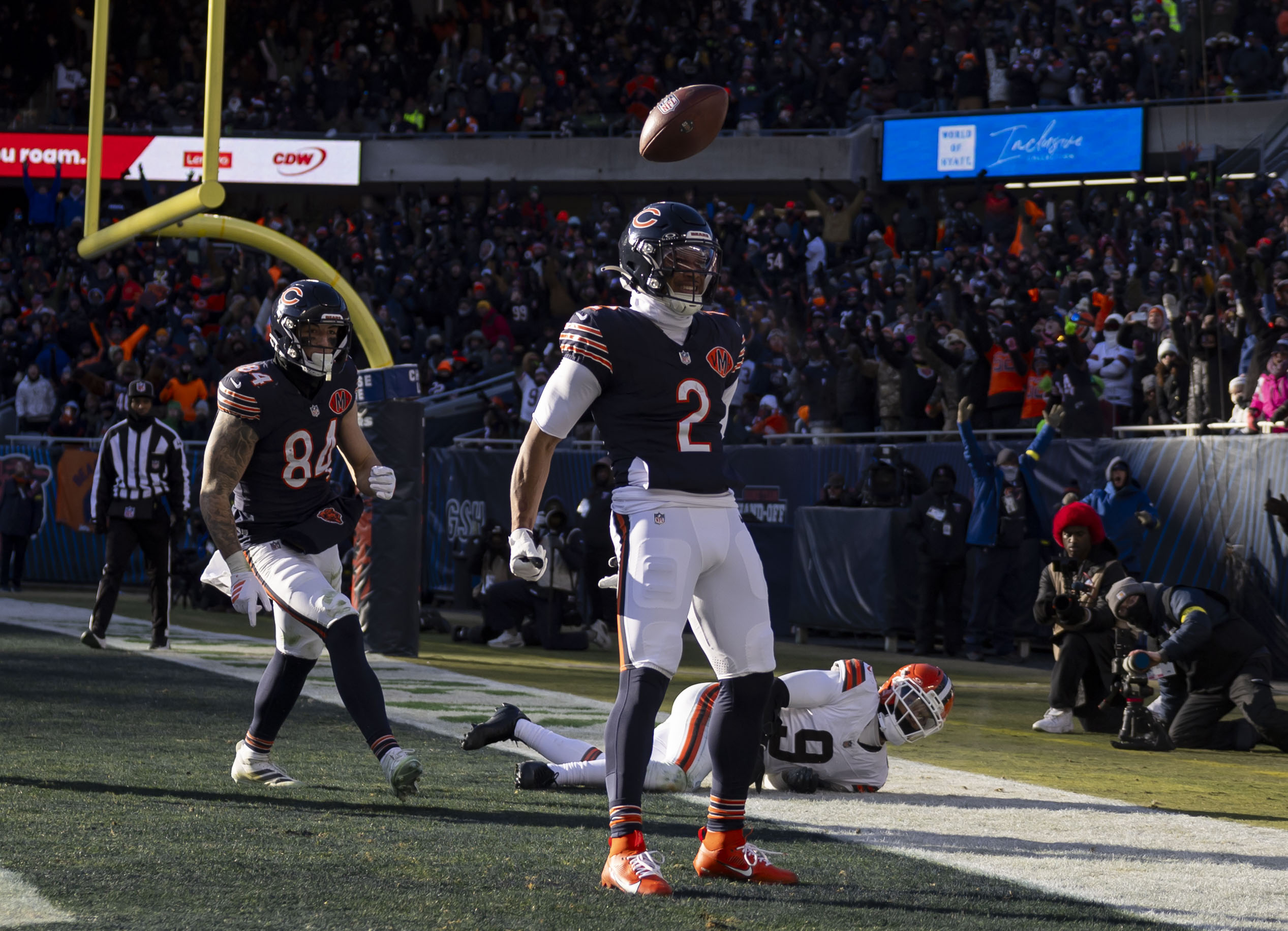 Bears wide receiver DJ Moore celebrates catching a touchdown pass...